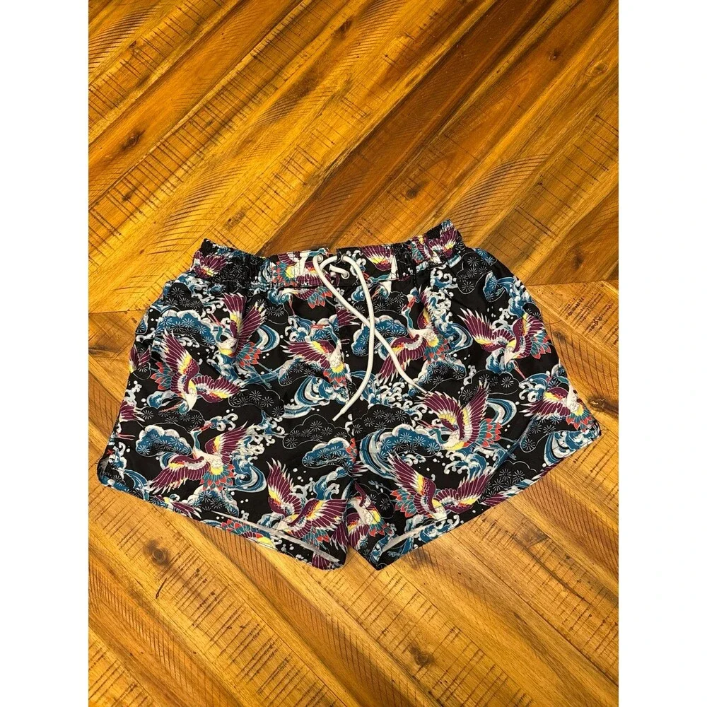 2(X)IST Men’s Medium Swim Trunks Japanese Heron Print Short Lined Drawstring